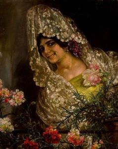 Mujer Con Mantilla En El Balcon by Manuel De La Rosa