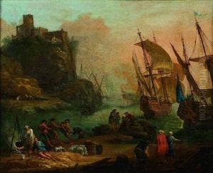 Navires Devant Un Rivage Cotier Anime De Pecheurs