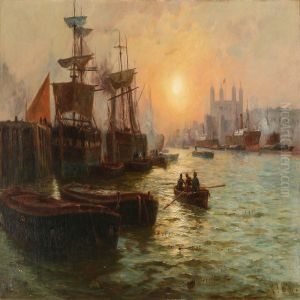 Harbour Scene From London In The Background Tower by Charles John de Lacy