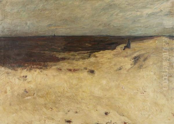 Man In The Dunes Near The Meadow With Village In The Distance - view 1