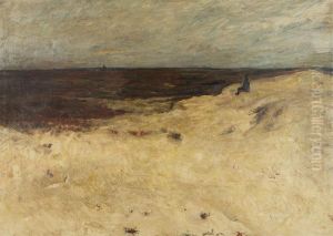 Man In The Dunes Near The Meadow With Village In The Distance by Alois De Laet