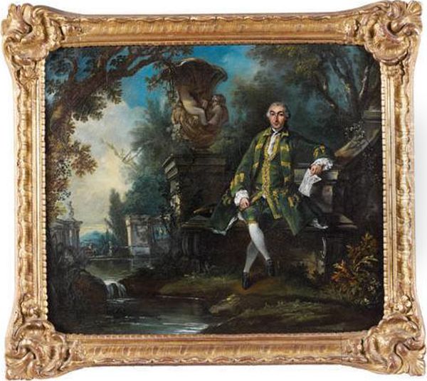 Portrait D'homme Tenant Une Partition Dans Un Paysage A La Fontaine Baroque - view 1