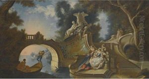 An Outdoor Scene With Elegant Figures Reclining On Riversidesteps Beside A Bridge