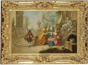 A Formal Garden With A Gentleman Presenting Himself To Three Ladies