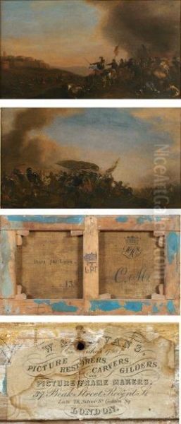 Chocs De Cavalerie Deux Huiles Sur Toile Formant Pendant - view 1