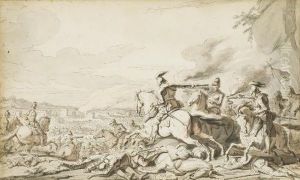 Scene De Bataille, Une Ville En Feu A L'arriere-plan by Philibert Benoit De Larue