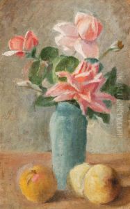 Florero Azul Con Flores Y Manza- by Jesus Maria De Las Casas