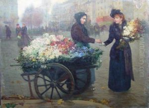 Marchande De Fleurs Devant La Fontaine De La Place Pigalle by Fernand de Launay