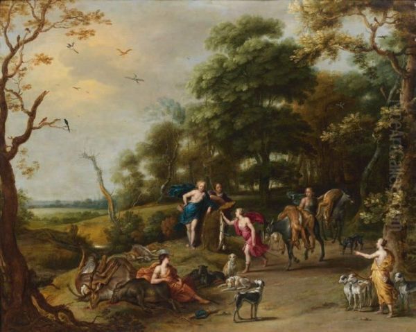 Le Retour De La Chasse De Diane Et De Sescompagnes Huile Sur Cuivre 70 - view 1