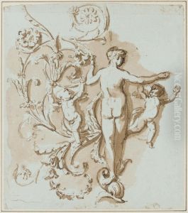 A Female Nude Seen From Behind, With Two Putti, Among Acanthus-leafdecoration by Etienne de Lavallee-Poussin