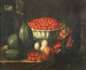 Coupe De Cerises, Courgettes Et Poules Sur Un Entablement