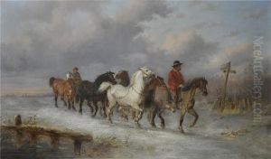 Winterlandschaft Mit Reitern Und Ihren Pferden Auf Dem Weg Zumpferdemarkt by Alexis de Leeuw
