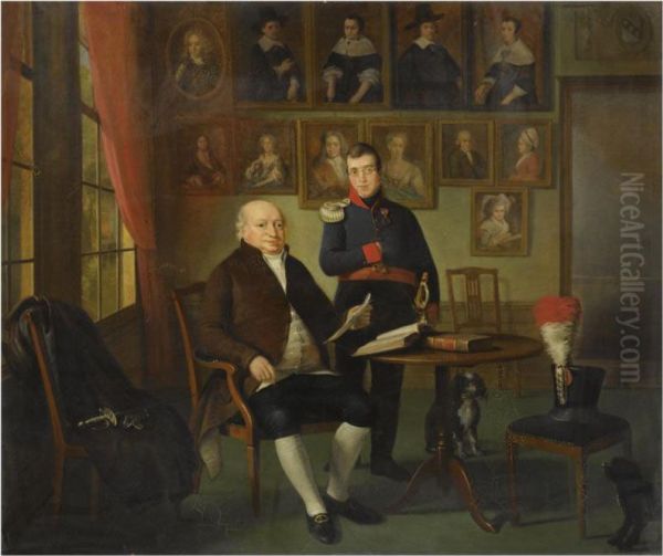 A Portrait Of Johannes Beeldsnijder (1761- 1817) And His Son Gerardjohannes Beeldsnijder (1791-1853) In A Study, Accompanied Byportraits Of Their Ancestors - view 1