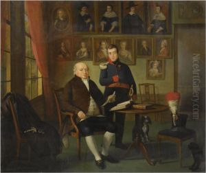 A Portrait Of Johannes Beeldsnijder (1761- 1817) And His Son Gerardjohannes Beeldsnijder (1791-1853) In A Study, Accompanied Byportraits Of Their Ancestors by Adriaan de Lelie