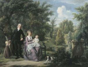 Group Portrait Of A Gentleman And A Lady, The Latter Seated On Abench, With Their Two Children And Dog In The Park Of Elswout,overveen, A Pond And Cupola Beyond