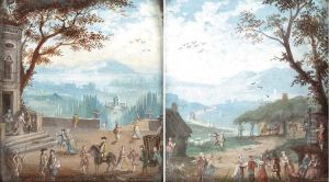 Figures Dancing In A Landscape; And Figures Strolling And Conversing Near The Steps Of A Palace, A View Of The Mountains In The Distance by Louis-Nicolas de Lespinasse