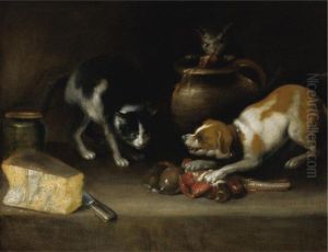 A Dog And A Cat Fighting For Meat by Alejandro De Loarte