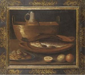 Fish On An Earthenware Platter, A Pitcher In A Copper Urn, A Dishof Nuts, With Oranges And A Lemon On A Ledge by Alejandro De Loarte