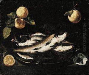 Still Life Of Fish On A Pewter Plate, Together With Peppercorns And A Sliced Lemon, All Arranged Upon A Stone Ledge, With Oranges Hanging Above by Alejandro De Loarte