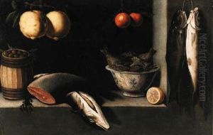 Lemons, Oranges, A Barrel Of Olives, Salmon And A Bowl Of Fish In Aniche by Alejandro De Loarte