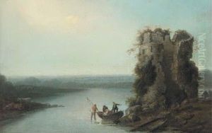 Fishermen In A Boat Before A Tower Ruin, In An Extensivelandscape Fishermen In A Boat Before A Tower Ruin, In An Extensivelandscape