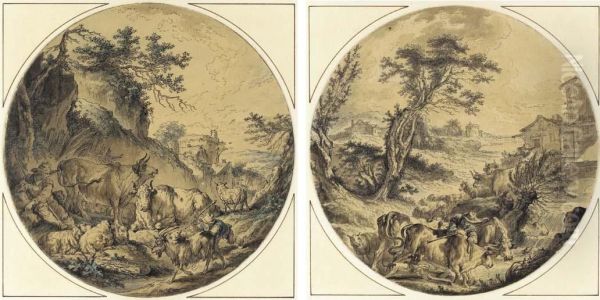 Shepherds Tending To Cattle In A Landscape; And A Shepherd Leading Bulls To Water - view 1