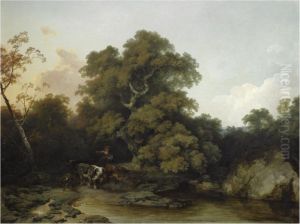 A Young Maid Watering The Cattle In A Wooded, River Landscape