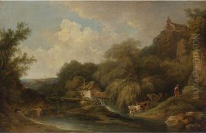 Watermill With Pond, Cows, Dogs And Figures