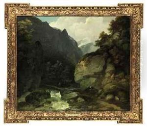A Mountainous River Landscape In The Alps, With Travellers On Apath by Philip Jacques de Loutherbourg