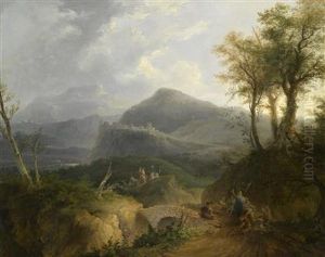 A Mountainous Landscape With A Town Andcamping Soldiers