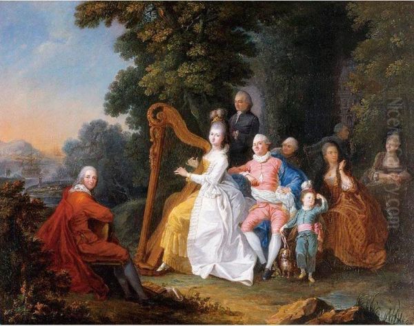 An Elegant Party In The Countryside With A Lady Playing The Harp And A Gentleman Playing The Guitar - view 1