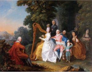 An Elegant Party In The Countryside With A Lady Playing The Harp And A Gentleman Playing The Guitar by Pierre Michel De Lovinfosse