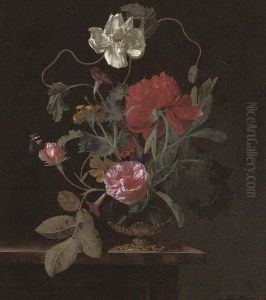 Roses, Poppies And Convolvulus In An Urn On A Stone Ledge, With A Red Admiral Butterfly by Abraham De Lust