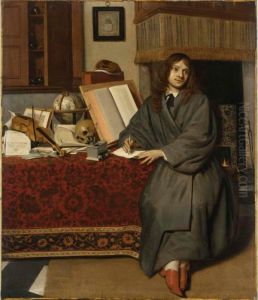 A Portrait Of The Pharmacist Dr Ysbrand Ysbrandsz. (1634/35-1705) In An Interior, Writing At A Desk Draped With A Persian Carpet Laid With An Astrological Globe, A Skull, A Violin, Papers And Books, A Fireplace In The Background