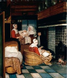 An Interior With A Family And Two Nurses Before A Fire by Cornelis De Man