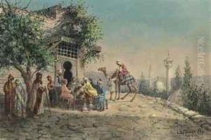 An Arab Gathering Before A Mosque by Leonardo De Mango
