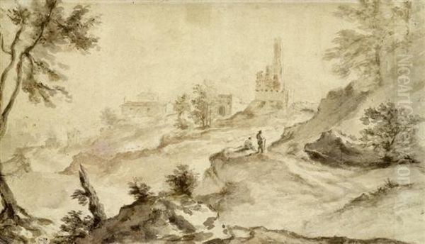 Italian Landscape With Walker And Village - view 1