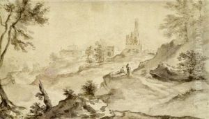 Italian Landscape With Walker And Village by Alessio De Marchis