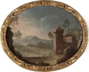 Paesaggio Con Torre, Capanna E Viandanti