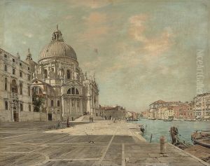 Feeding Pigeons Before Santa Maria Della Salute by Ettore De Maria-Bergler