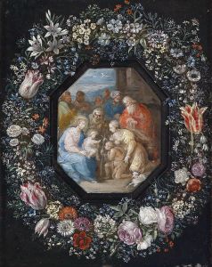 Garland Of Flowers Surrounding A Medallion With An Adoration Of The Christ Child by Phillipe de Marlier