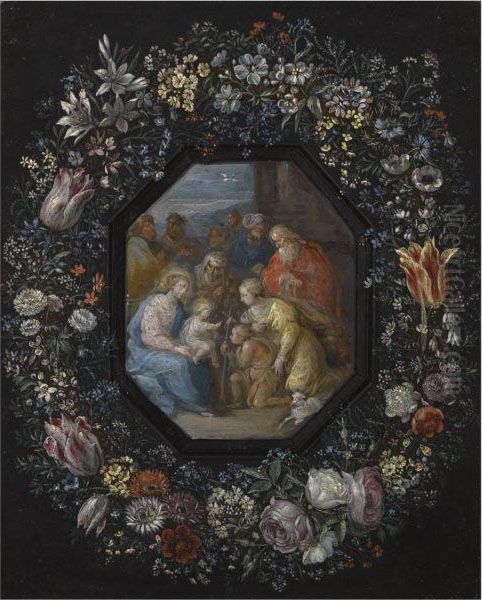 The Madonna And Child With Saint John, Saint Anne And Other Saintswithin An Ornamental Cartouche Decorated With A Flowergarland - view 1