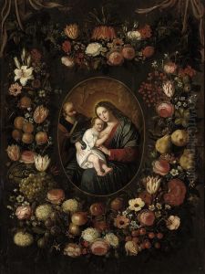 The Holy Family, Surrounded By Garlands Of Roses, Lilies, Tulipsand Other Flowers, Apricots, Grapes, Plums, Apples, Cherries, Pearsand Other Fruits by Phillipe de Marlier