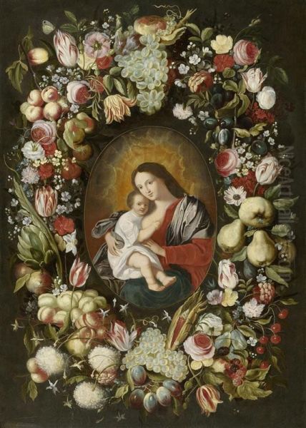 Wreath Of Flowers And Fruits Around An Image Of The Madonna And Child - view 1