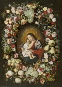 Wreath Of Flowers And Fruits Around An Image Of The Madonna And Child by Phillipe de Marlier