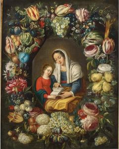The Madonna And Child Surrounded By A Garland Of Different Flowers And Fruits
