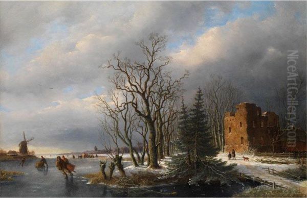 Hollandische Winterlandschaft Mit Schlittschuhlaufern, Eichenallee, Ruine Und Einer Windmuhle - view 1