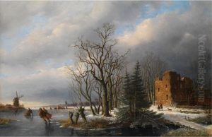 Hollandische Winterlandschaft Mit Schlittschuhlaufern, Eichenallee, Ruine Und Einer Windmuhle by H. De Mejier