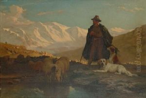 Shepherd And Flock In An Alpine Landscape. by Albert De Meuron