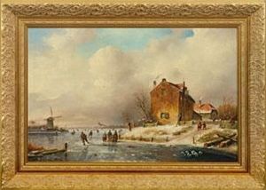 Winterlandschaft Mit Schlittschuhlaufern Auf Einem Fluss by Anthony Andreas De Meijier